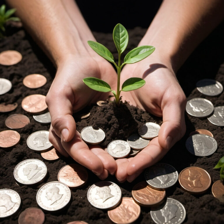 A serene close-up of human hands cupping a small, vibrant plant growing out of a pile of coins