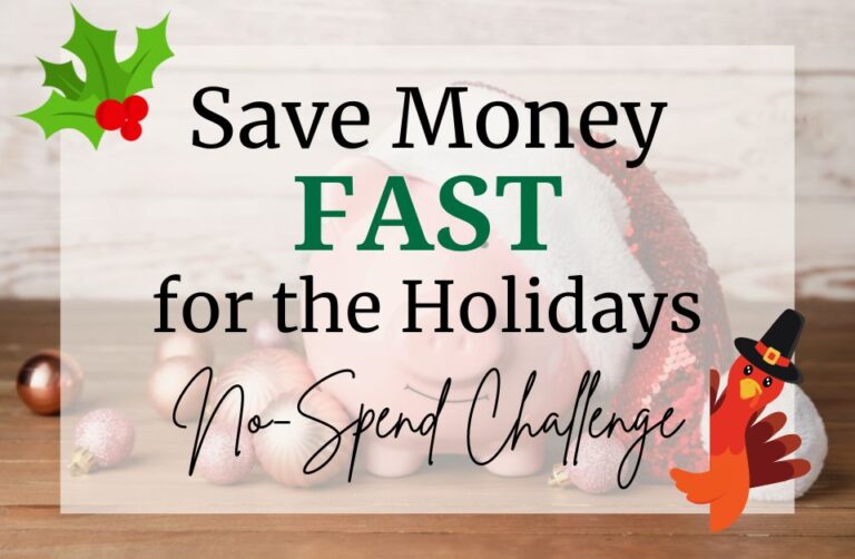 Save money fast for the holidays title card over picture of piggy bank with Christmas decorations