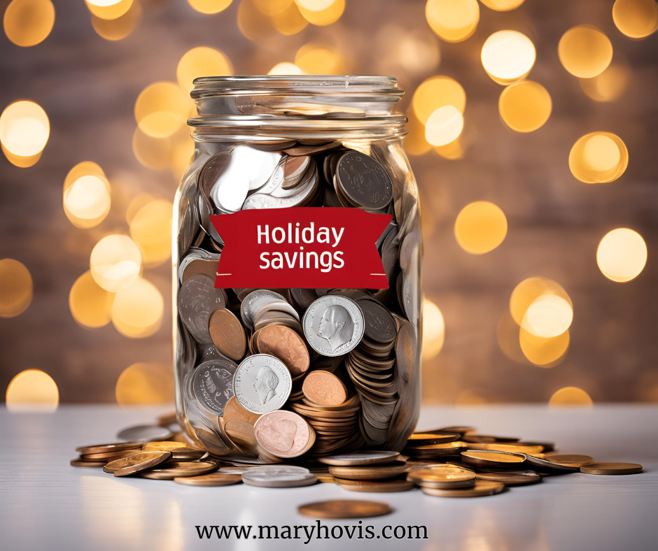 jar of coins labeled holiday savings against backdrop of lights