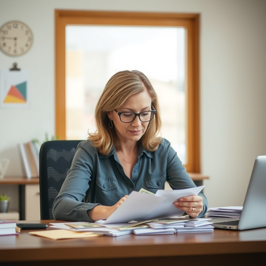 a 40 year old woman at a desk looking at money in envelopes to emphasize prioritizing savings. Generated with CF Flow AI. 